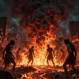 hell, inferno, fire, lava, damned souls, matte painting, ethereal, city