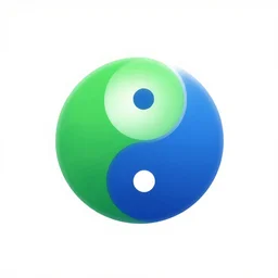 A yin-yang logo in green and blue