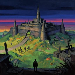 : simon stalenhag composition : long shot ; knee level ; low angle key words : trending on artstation, colorfull scenery : the military fortress of outer heaven ; circa 1 9 9 5 details : at night