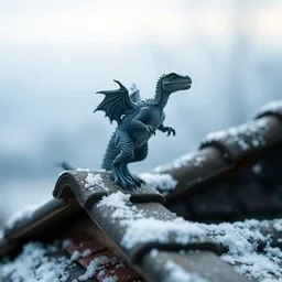 award winning photo by saul leiter of a tiny dragon - esque dinosaur standing on the roof, tiny gaussian blur, insanely detailed, insanely intricate, depth of field, low contrast, snowy, wide aperture
