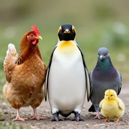 a chicken, a penguin, a pigeon and a chicklet side by side
