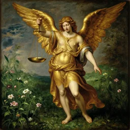 archangel made of gold holding a scale in a flower meadow, renaissance oil painting