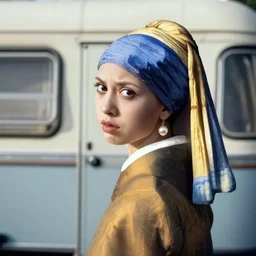 photo staged like girl with pearl earring with trailer park girl looking over her shoulder with face of disgust