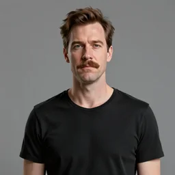 A british man with a wide face and skinny neck and body with a mustache and short brown hair, in a black short sleeve shirt, 4k resolution, 8k resolution, HD Quality, highly detailed, very detailed, detailed, studio quality lighting, digital art, trending on artstation