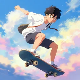 a young anime boy riding a skateboard in the sky, colorful clouds, an ultrafine hyperdetailed illustration by akihiko yoshida!!!!!!!, makoto shinkai, greg rutkowski, intricate linework, global illumination, detailed and intricate environment, dream setting, final fantasy, trending on art station.