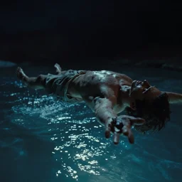 dark eerie movie frame, greek fantasy, a man floating above the magic shining river styx, at night, otherworldly, dreamlike stanley kubrick, 1 7 mm, close up, surreal, deep, detailed 4 k