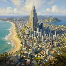 utopian city, golden bay abel tasman, new zealand, highly detailed surrealist painting, by michael divine, very very beautiful, trending on artstation