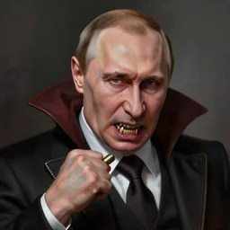 very old and very very angry vampire vladimir putin baring sharp teeth as bullets, very detailed. artwork by artgerm, highly detailed, fantasy digital painting, artstation, smooth, sharp focus, art by thomas kinkade and h. r. giger and tyler edlin