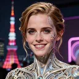 beatifull closeup of face shoulders of biomechanical emma watson sculpture, fractal, intricate, elegant, highly detailed, ornate, elegant, luxury, beautifully lit, ray trace grinning vogue fashion shoot by peter lindbergh fashion poses detailed, tokyo neon lighting, blade runner, professional photograph by nick knight & show studio styling
