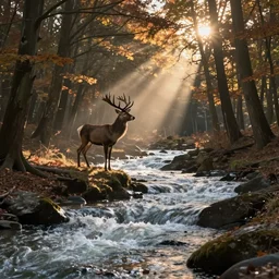 [ small mountain river ]! flowing rapidly through a [ late autumn forest ]!, [ proud stag ]! standing with its head high is silhouetted by [ sunbeams through trees ]!, atmospheric, craig mullins! art style, cinematic, cgsociety, by brian froud, rutkowski, [ early morning sun ]!, lively, intricate