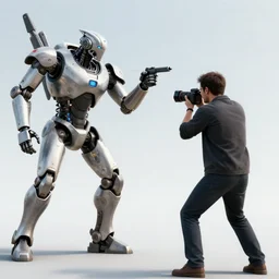 two subject composition, man and robot, armed anthropomorphic robot killing a real man who is photographer, photorealistic, hyperrealistic, detailed, octan render, volumetric light, clear background, futuristic