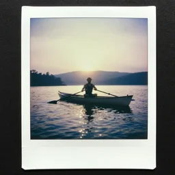 a man rowing a rowboat, flash polaroid photo by george hurrell, hazy light rays