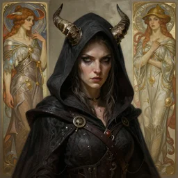 masterpiece portrait of a hooded surly and resentful female tiefling thief with horns under the hood, by Greg Rutkowski and John Collier and Krenz Cushart and Artem Demura and Alphonse Mucha and Albert Aublet, as seen on ArtStation, 4k, dungeons and dragons, very aesthetic, very detailed, intricate, unreal, fantasy, dramatic, painterly, artstation, sharp focus, smooth