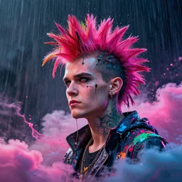splashes of neon clouds, mowhawk, punk portrait made out of paint with rain in the background, trending on artstation, epic composition, emotional, beautiful, rendered in octane, highly detailed, realistic, comic book art, sharp focus, matte painting, unreal engine