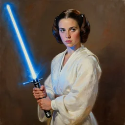 painting of Princess Leia holding a blue lightsaber