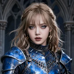 beautiful gothic and victorian and evil and dieselpunk medieval female blue armor knight portrait, like lisa blackpink+smoky eyes+light flowing hair, ultradetail face, ruined gothic cathedral, art and illustration by tian zi and craig mullins and WLOP and alphonse mucha, ssci-fi, fantasy, intricate complexity, human structure, fantasy world concept, watermark, blurry, hyperrealism 8k