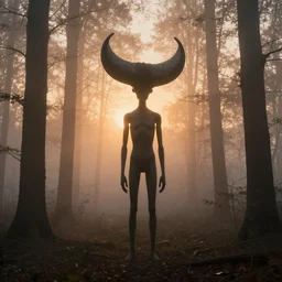 tall subtle humanoid, big rounded bullhorn head, lost in the foggy woods, by simon stalenhag, roger dean and greg rutkowsky, sunset