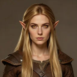portrait, 30 years old women :: fantasy elf, small ears :: amber eyes, long straight darkblond hair :: attractive, symmetric face :: brown medieval cloting, natural materials :: high detail, digital art, RPG, concept art, illustration
