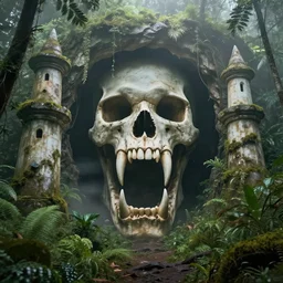 frazetta skull cave with giant fangs and towers on sides in foggy jungle