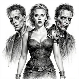 symmetrical scarlett johansson as a zombie by david finch, black and white, pencil and ink