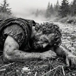 1 9 6 0 s movie still close up of marcus aurelius frozen tired and dirty crawling at the side of a river in emperor clothes, grass, snowy, pine forests, cinestill 8 0 0 t 3 5 mm b & w, high quality, heavy grain, high detail, texture, dramatic light, anamorphic, hyperrealistic, detailed hair, foggy