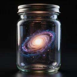 galactic inside a glass jar, with a metal lid, black background, back light, intricate, highly detailed, volumetric lighting, hyper realistic, octane render 8 k, specular highlights, reflections, subsurface scattering, artstation, cgsociety, inspired by famous artists