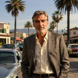 george clooney in gta v. los santos in background, shallow depth of field, palm trees, cars in the art style of stephen bliss