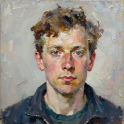 a portrait a very ordinary person, Frank Auerbach, oil painting, thick impasto brushstrokes, anatomically correct, beautiful perfect face, large brushstrokes, sharp focus, Highly Detailed