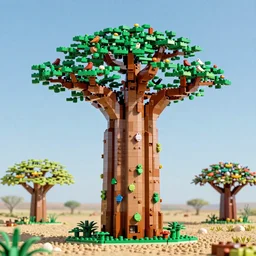 Beautiful gigantic baobab tree, where birds make their nests, made of LEGO, in the style of LEGO