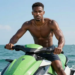 close up portrait of strong handsome african - american man on a jetski, water droplets on camera, sunny summer day by artgerm, cushart krenz, greg rutkowski, mucha. art nouveau. gloomhaven, queen of winter, vibrant colors, sharp edges. ultra clear detailed. 8 k. elegant, intricate, octane render