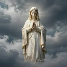 tiny faint virgin mary brightly glowing in cloudy fly