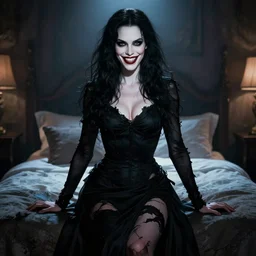 gorgeous helena bonham carter, evil dead movie, full body shot, torn black dress, evil smile, spooky, illustration, symmetrical face realistic symmetrical eyes, bedroom setting, cinematic lighting, evil dead, artgerm, hyperdetailed, charlie bowater, jeremy lipking, beautiful, elegant