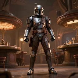off angle beautiful full body shot film still of the Mandalorian standing in a mos Eisley cantina, rim lighting, volumetric lighting, action pose, low angle, hard surface modeling, unreal, redshift, 3d model, 8k