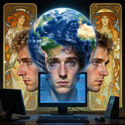 hyperrealist portrait of a computer simulation of the earth used by aliens by beksinski and jeremy mann and alphonse mucha and stan lee, fantasy art, photo realistic, dynamic lighting, artstation, poster, volumetric lighting, very detailed faces, award winning, full face, symmetry
