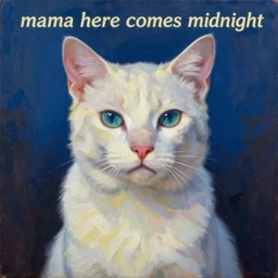 bright dramatic lighting colorful oil painting titled'mama here comes midnight ', magical realism symbolist, portrait of hybrid animal protagonist in a ruined city, highly detailed, painted by grant wood and rene magritte, shocking detail trending on artstation 8 k