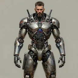 ultra realist intricate detailed pin - up painting of a single rugged cyborg male, bearded face and cyborg tech on body and legs, symmetry accurate features, cyberpunk, industrial, apocalyptic, very intricate details, focus, high resolution, 8 k resolution, dramatic lighting, artstyle hiraku tanaka, award winning