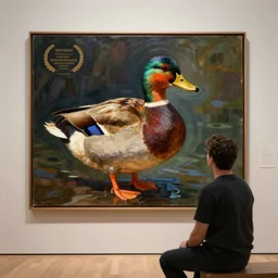 a man sitting in an art gallery admiring a painting of a duck