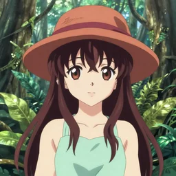a sakuga of reimu in the jungle wearing bonnet
