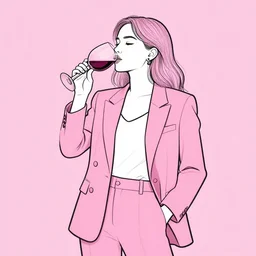 line art of a girl drinking wine wearing a pink suit on pink background