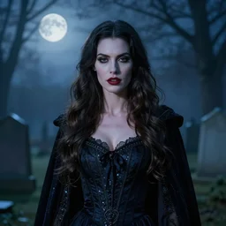 charismatic regal aristocratic brunette female vampire, portrait, at highgate cemetery, atmospheric lighting, painted, intricate, mist, cold, volumetric lighting, beautiful, blue tint, moon light, sharp focus, ultra detailed, by leesha hannigan, ross tran, thierry doizon, kai carpenter, ignacio fernandez rios