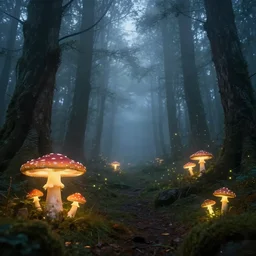 the magical and mystical and foggy forest of vanaheim, scandinavian / norse influenced with magical glowing mushrooms and glowing fireflies, cinematic, ray traced, octane render, cinematic lighting, ultrarealistic, featured on artstation, 8 k uhd artwork