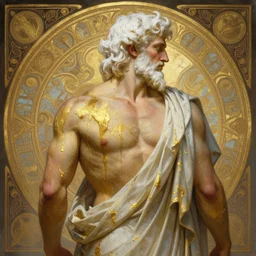 painted back portrait of rugged zeus greek god by greg rutkowski craig mullins artgerm alphonse mucha, [ [ many messy streaks gold paint ] ], white hair handsome muscular upper body mature flowing robe [ ancient greek motifs ] background fantasy intricate elegant detailed digital painting concept art artstation sharp focus illustration
