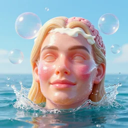 a funny sculpture of a 3 d margot robbie squashed human head made from juicy jelly wrapped in cling film with ice cream spread on it on ocean water, funny face, brain, giant bubbles, realistic water splashes, water art, vibrant, in the style of mike campau, cg render, ray tracing, 8 k resolution, sharp