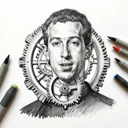 mark zuckerbergs inner being, clockwork, technically augmented, black ink and colored markers