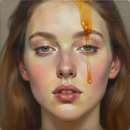 a painting by mike dargas of a woman's face with honey dripping down her face