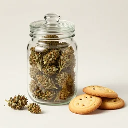 a cookie jar full of weed buds, and cookies next to the jar. fashion photography, hermes ad, david lachapelle
