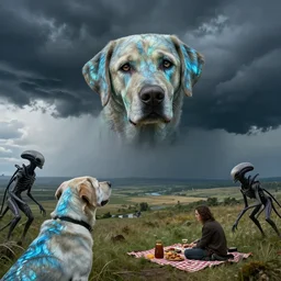 labradorite, still frame from'venus hell storm'movie by rembrandt, stormy landscape by malczewski, rural aliens landscape by jakub rozalski, xenomorphs on picnic by giger