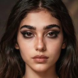 cute emo egyptian woman, with long dark hair, thick eyebrows!!! dark eyes and dark circles!, wide nose!!!, big eyes, oval face shape, big cheeks!, she is holding a cat in her arms, by juan villafuerte, greg rutkowski and alphonse mucha, pexels contest winner, high quality photo, hd rtx