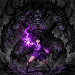 a painting small girl with purple fire in his hands fighting a giant, dark colors, sinister atmosphere, dramatic lighting, cinematic, establishing shot, extremely high detail, photo realistic, cinematic lighting, pen and ink, intricate line drawings, by Yoshitaka Amano, Ruan Jia, Kentaro Miura, Artgerm, post processed, concept art, artstation, matte painting, style by eddie mendoza, raphael lacoste, alex ross,
