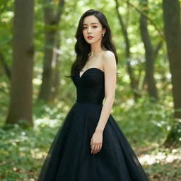 photo portrait of a beautiful woman wearing a black gown in a bright forest, by Beeple
